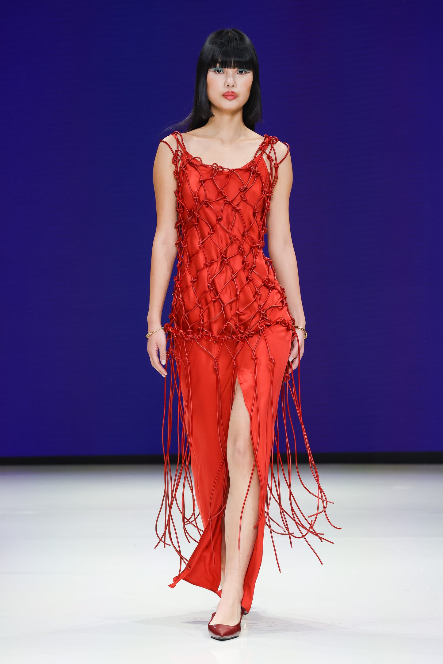 MACRAME LEATHER DRESS / SAFFRON RED