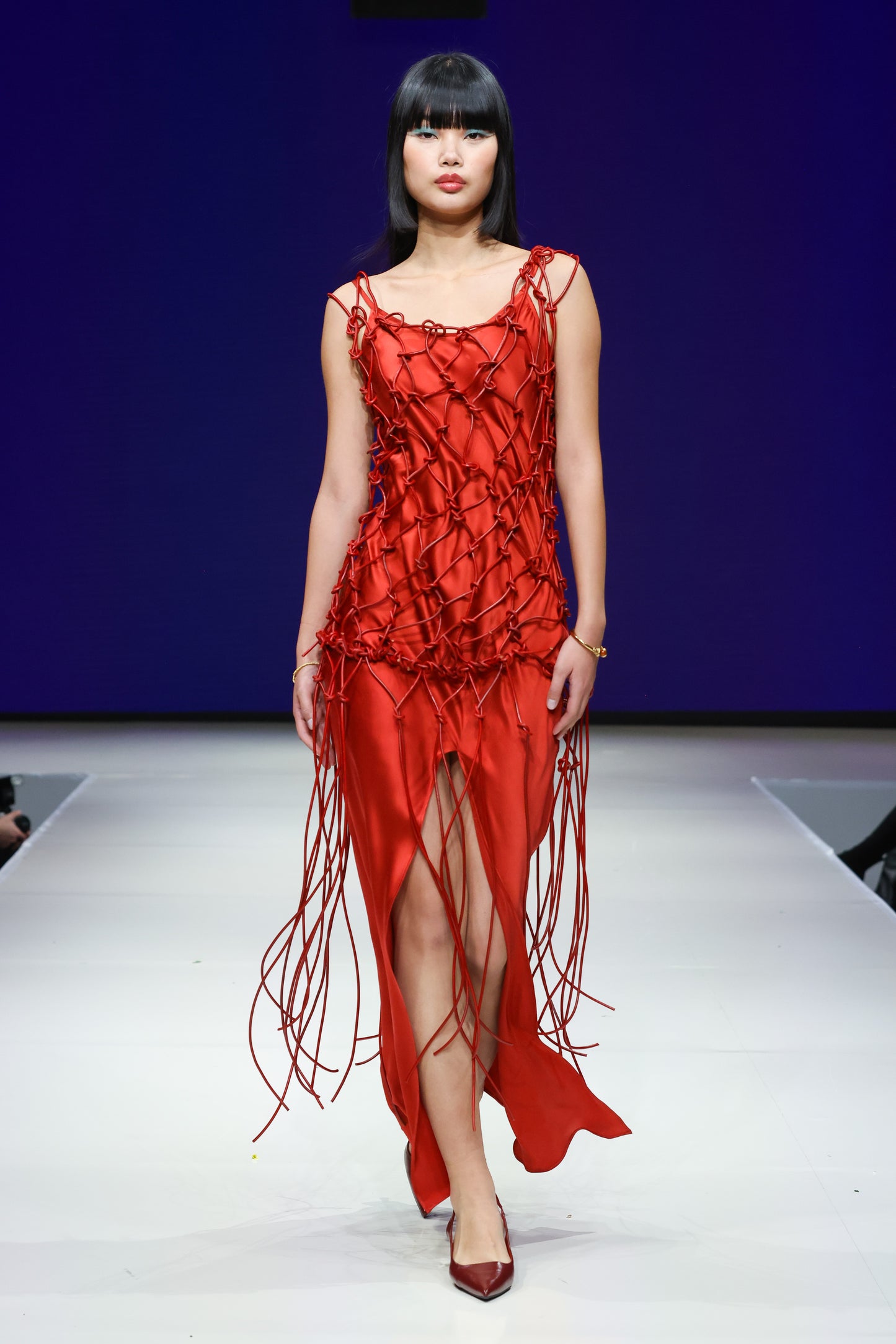 MACRAME LEATHER DRESS / SAFFRON RED