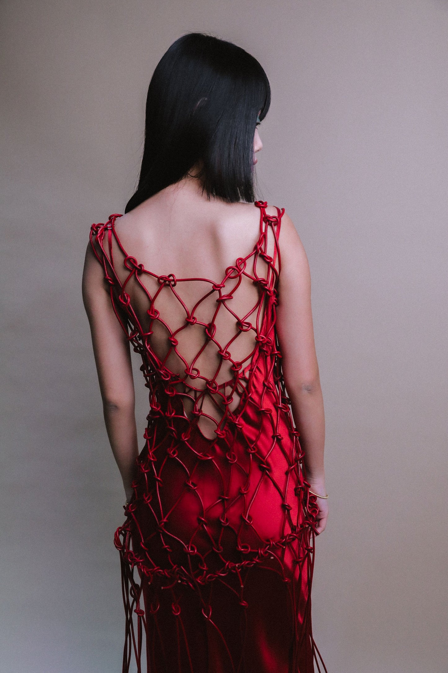 MACRAME LEATHER DRESS / SAFFRON RED