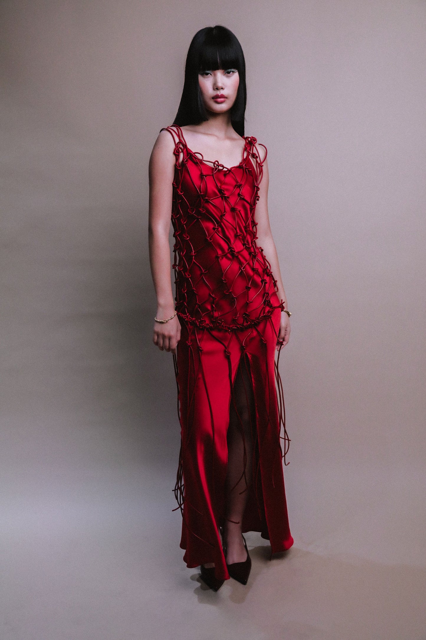 MACRAME LEATHER DRESS / SAFFRON RED