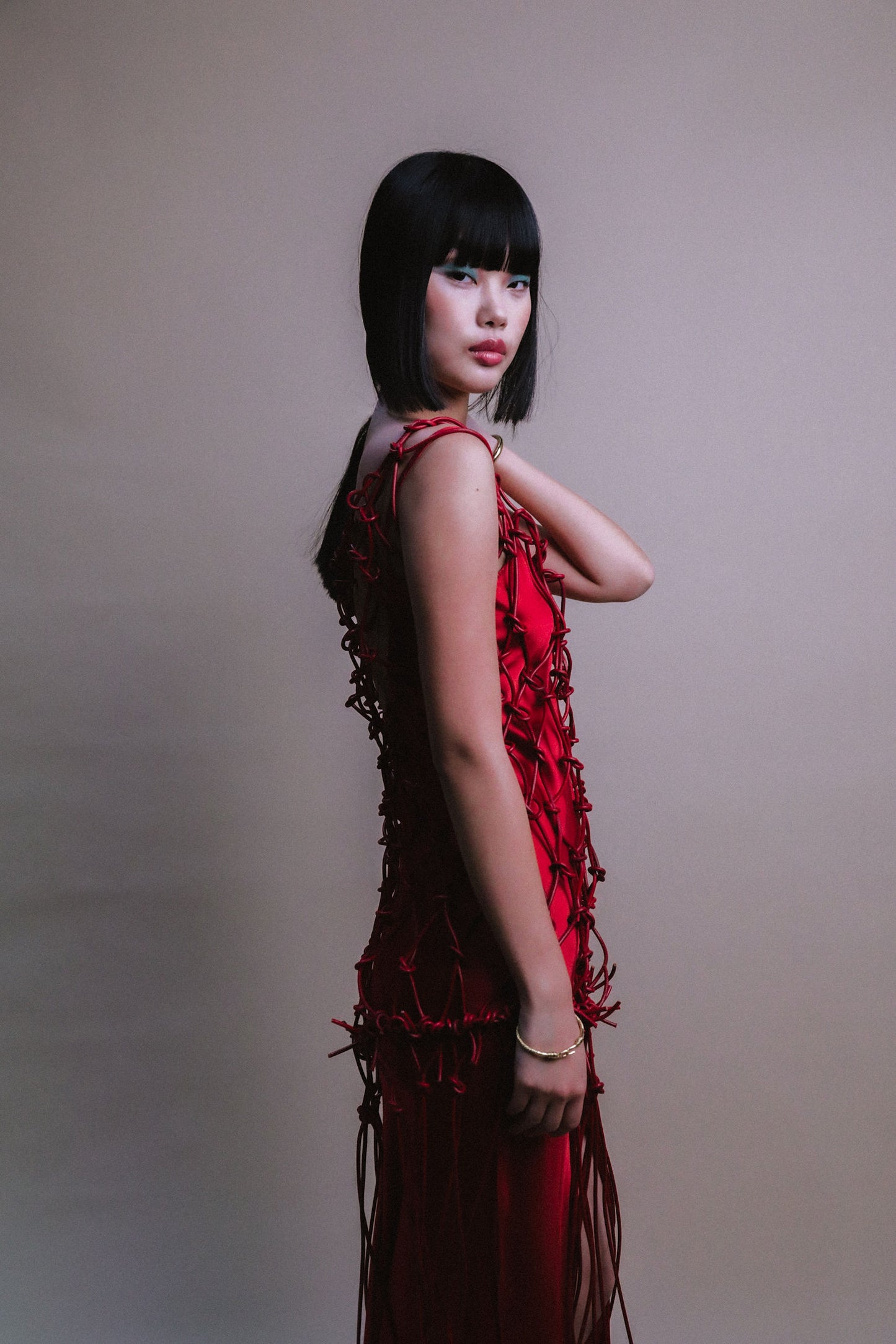 MACRAME LEATHER DRESS / SAFFRON RED