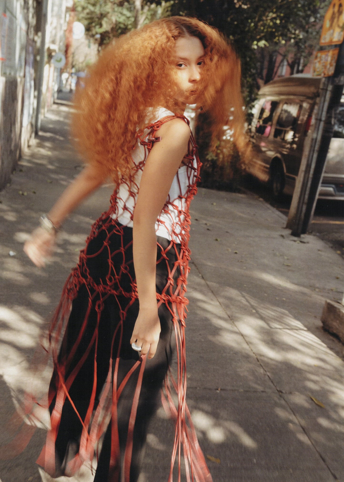 MACRAME LEATHER DRESS / SAFFRON RED