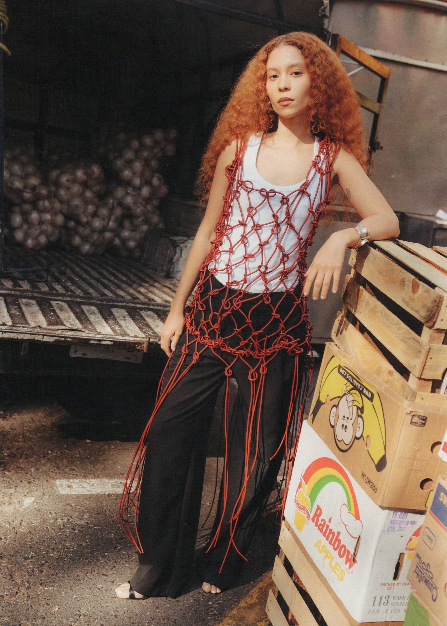 MACRAME LEATHER DRESS / SAFFRON RED