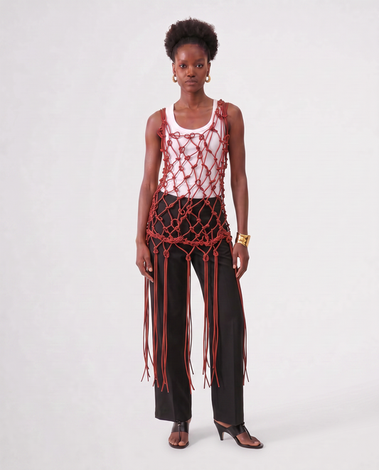 MACRAME LEATHER DRESS / SAFFRON RED